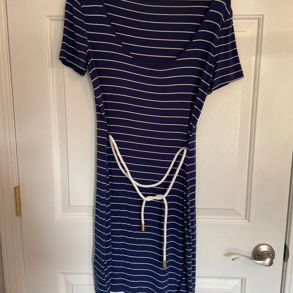 Calvin Klein Navy and White Striped Midi Dress